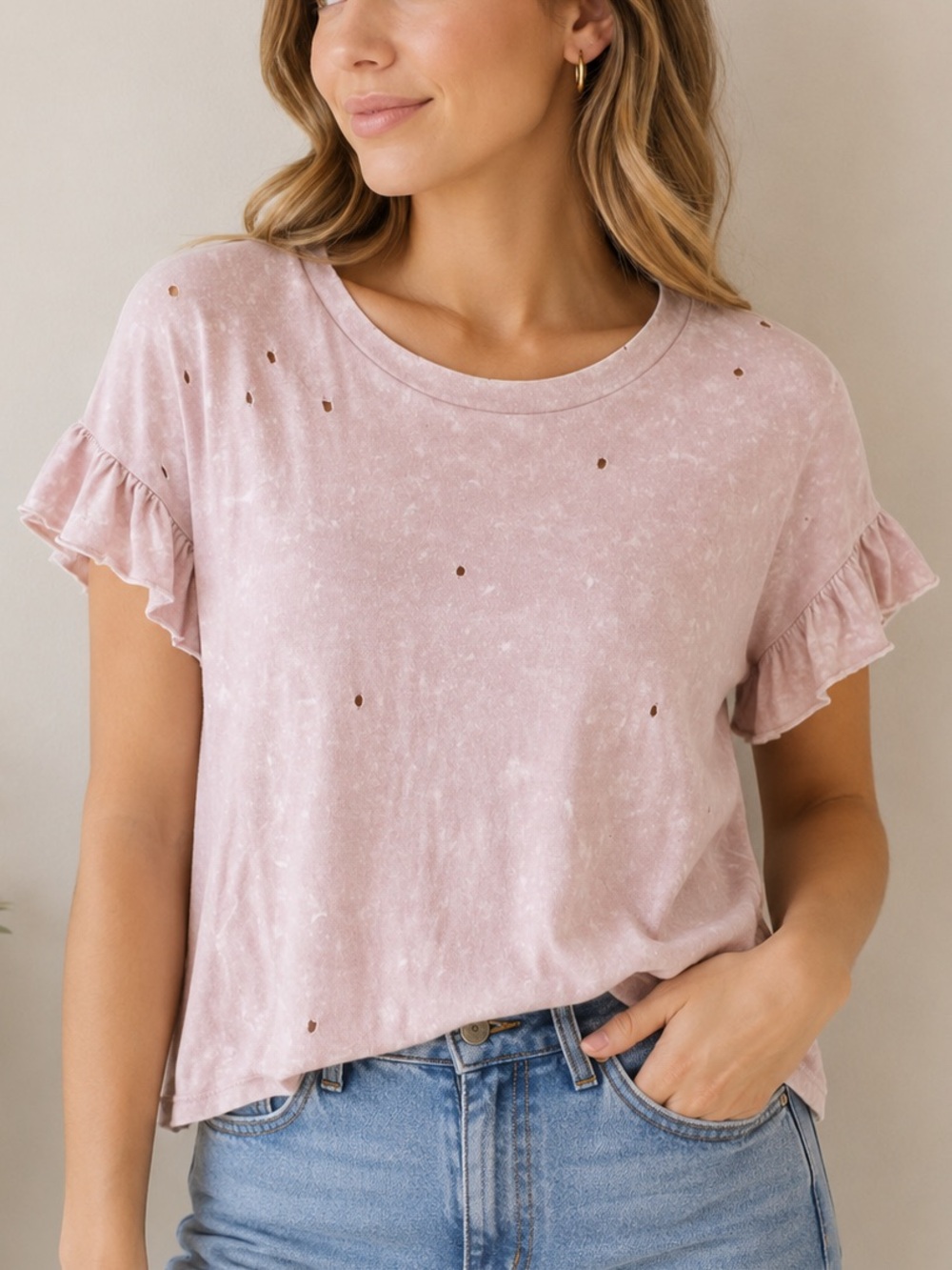 American Eagle Distressed Crop Top Pink Ruffle Sleeve Bleach Wash Size S